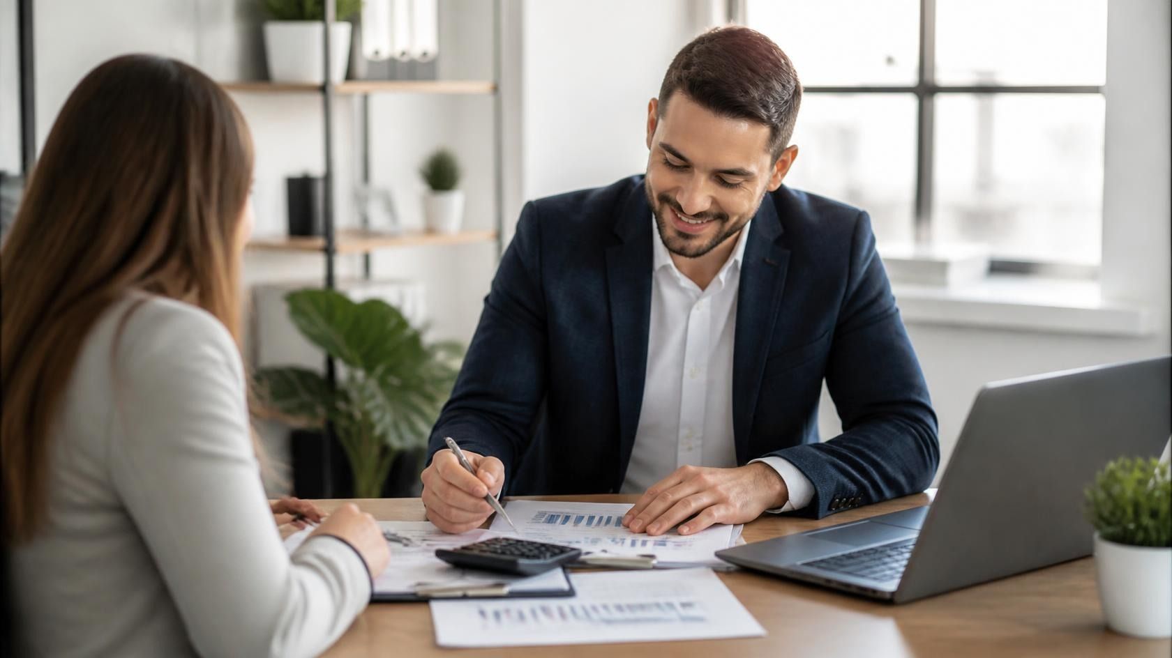 Accountant reviewing financial documents with a small-business client during a consultation