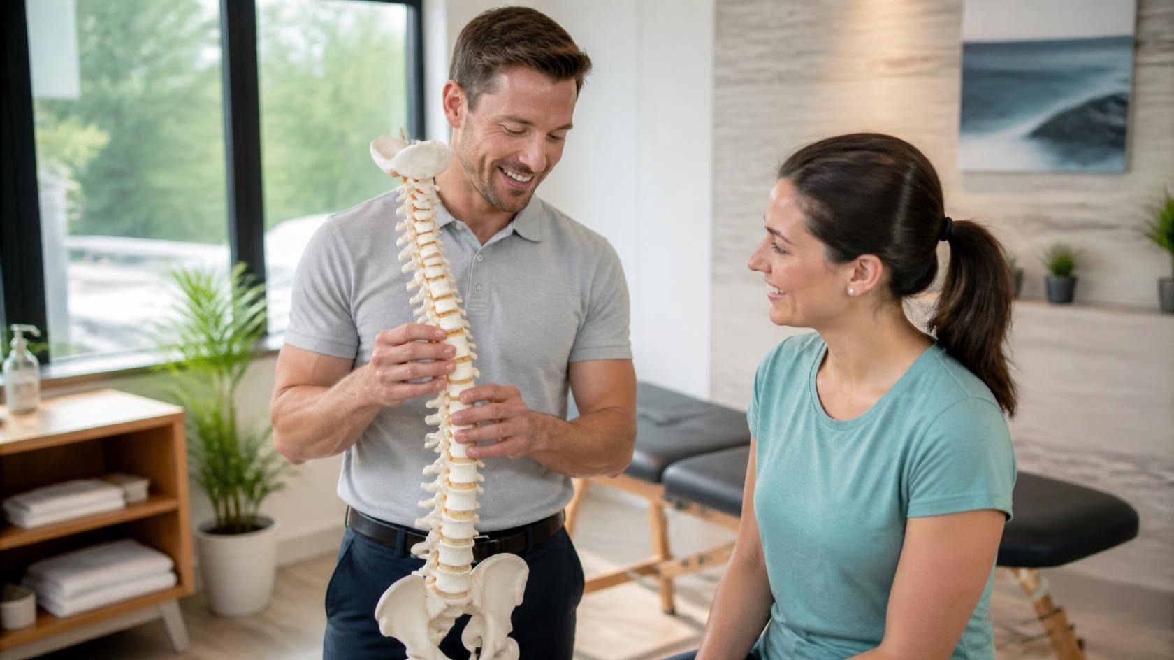 Chiropractor consulting with a patient and reviewing a spine model in a bright clinic