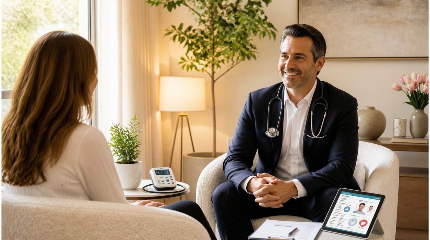 Concierge physician spending unhurried time with a member in a comfortable office