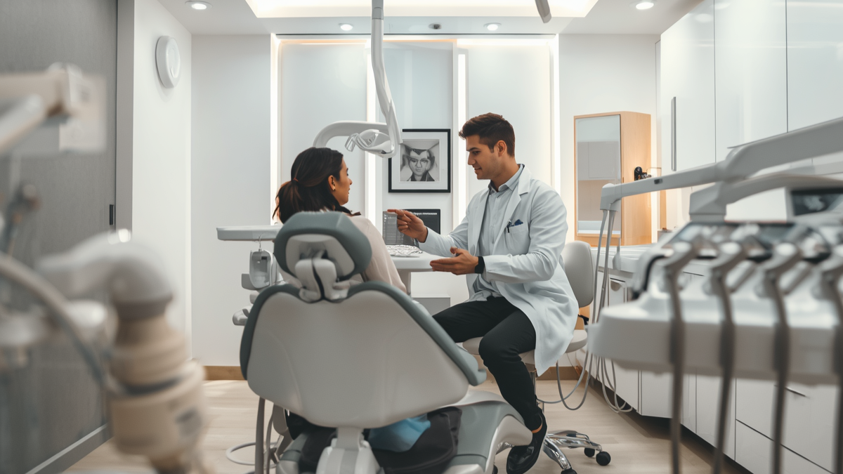 Dentist reviewing a treatment plan with a patient in a modern dental office