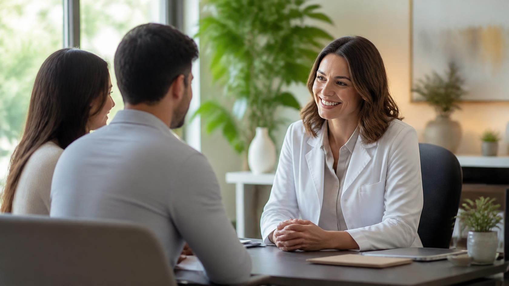 Fertility specialist speaking warmly with a hopeful couple in a calm consultation room