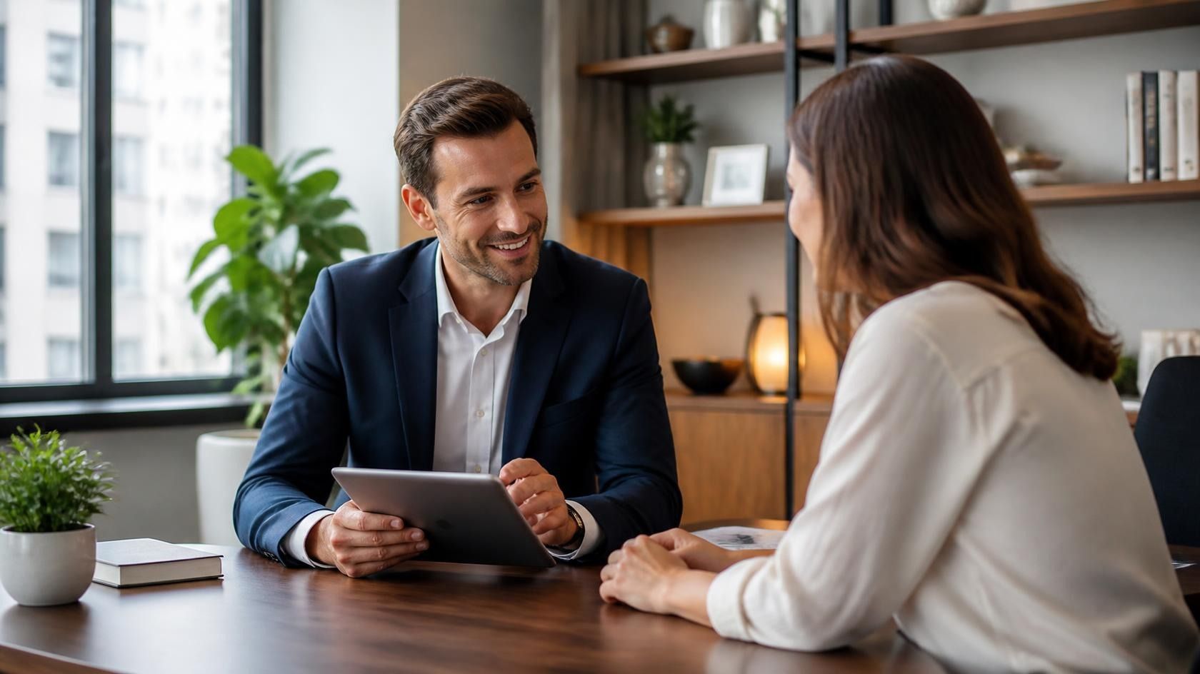 Financial advisor reviewing a plan with clients across a desk during a consultation
