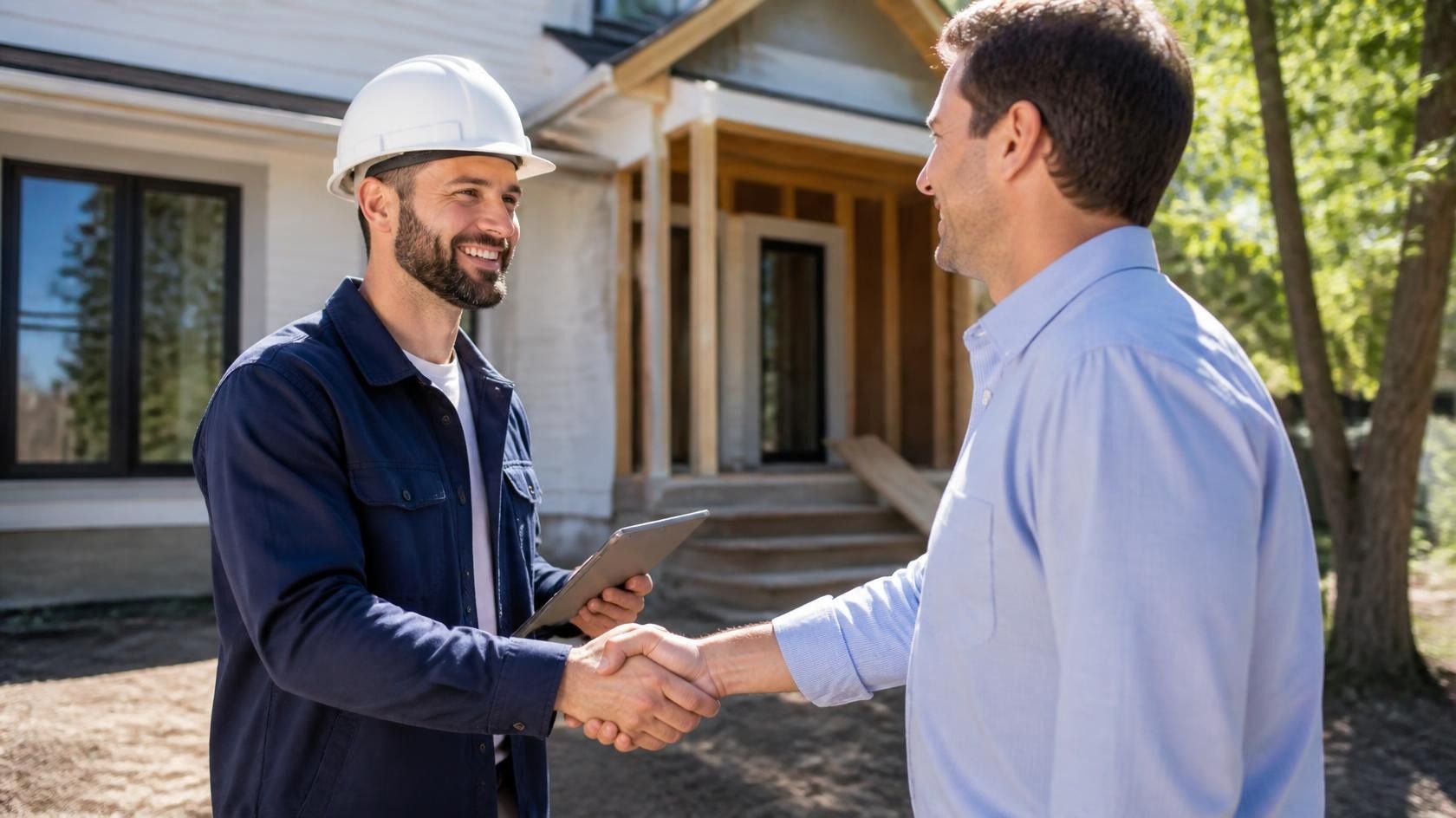 General contractor reviewing remodel plans with homeowners at a job site