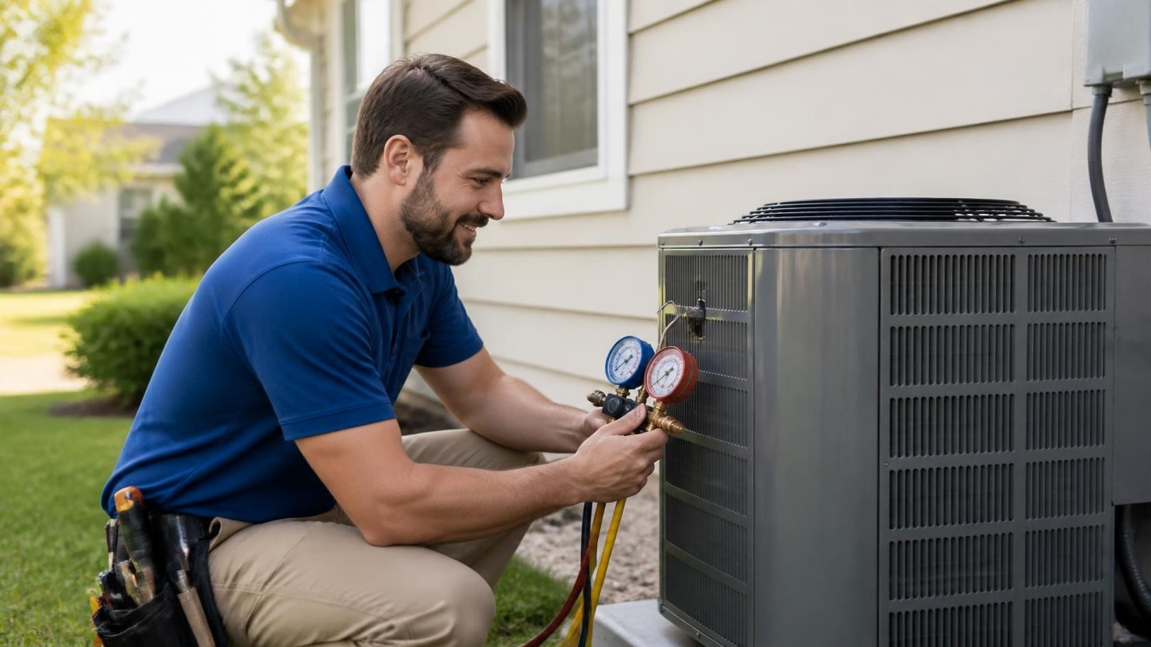HVAC technician servicing a home air conditioning system and explaining the work to a homeowner