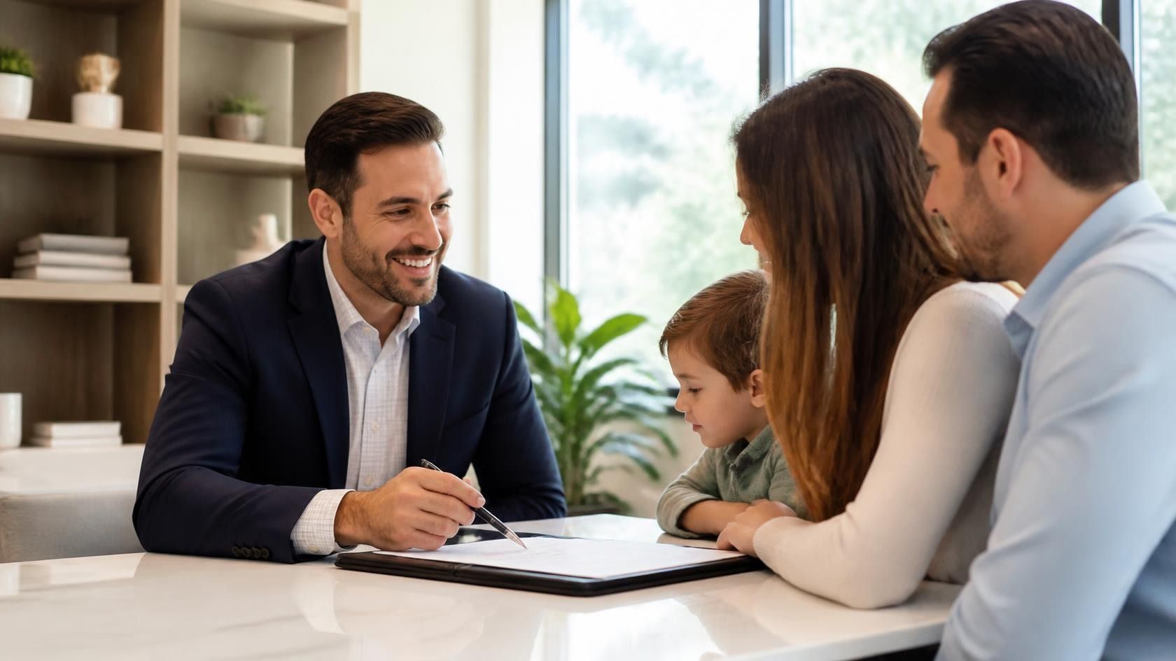 Insurance agent reviewing coverage options with a client in an agency office