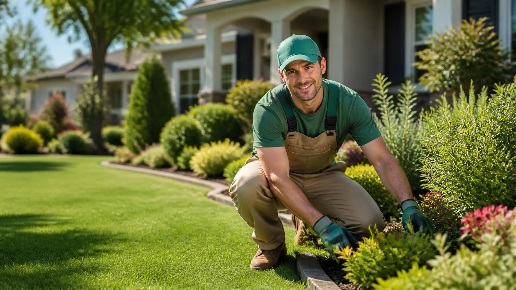 Landscaper reviewing a property design plan with homeowners in a green yard