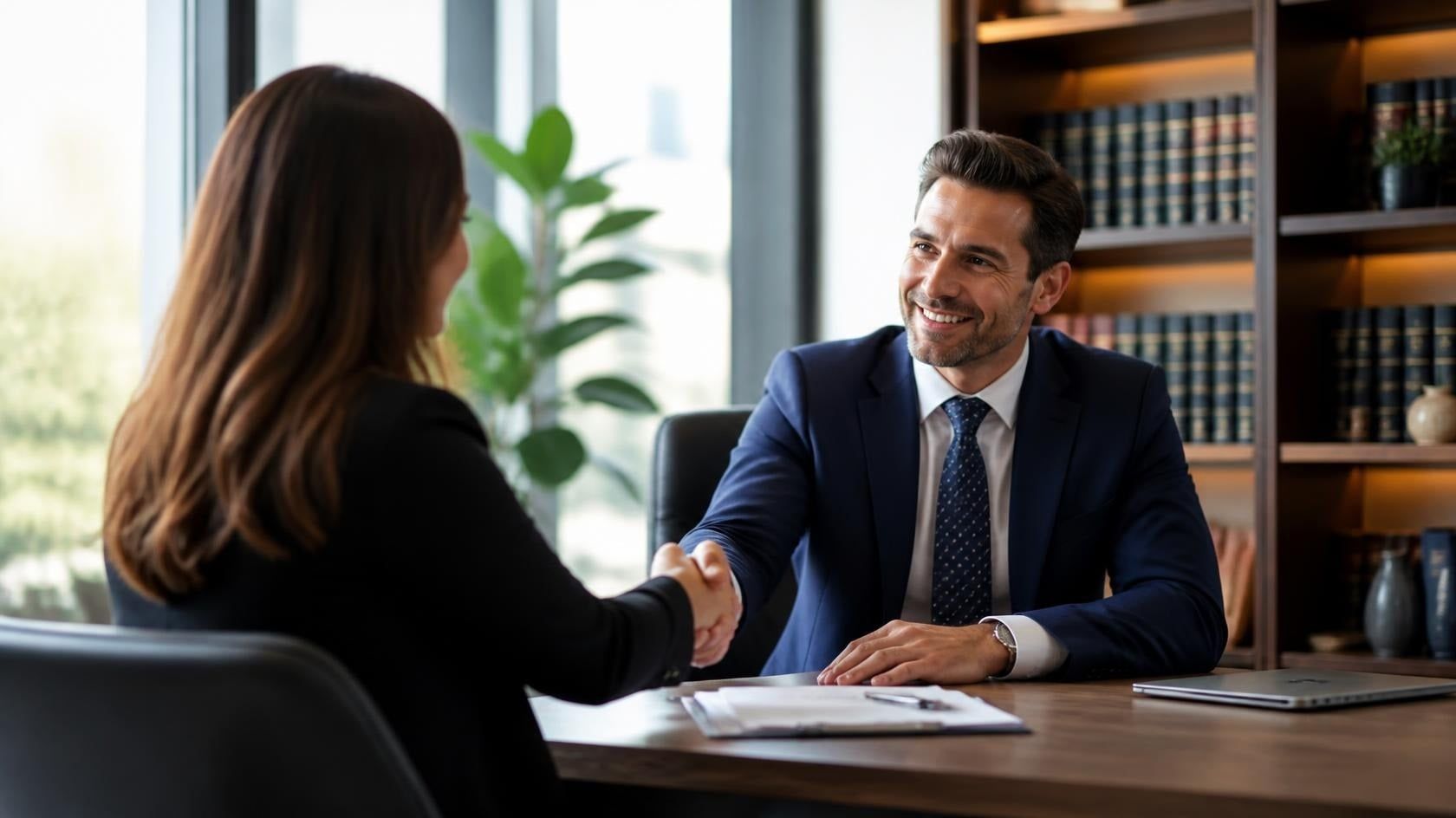 Attorney meeting with a client across a desk during a law firm consultation