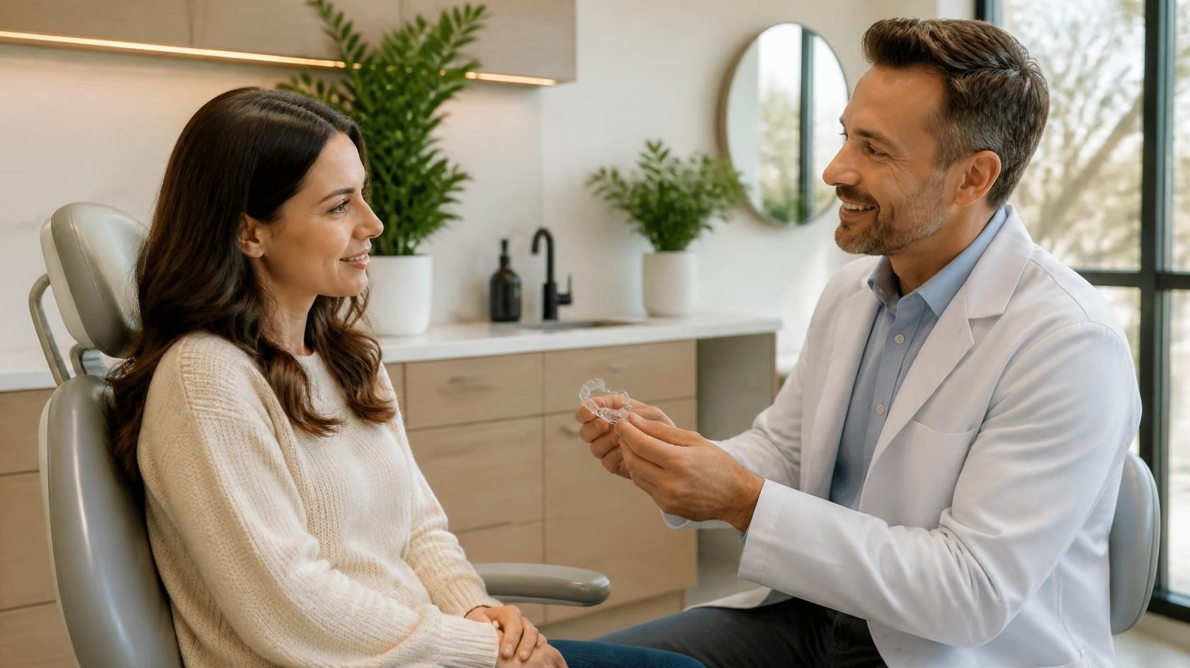 Orthodontist showing a patient a clear aligner and smile treatment plan