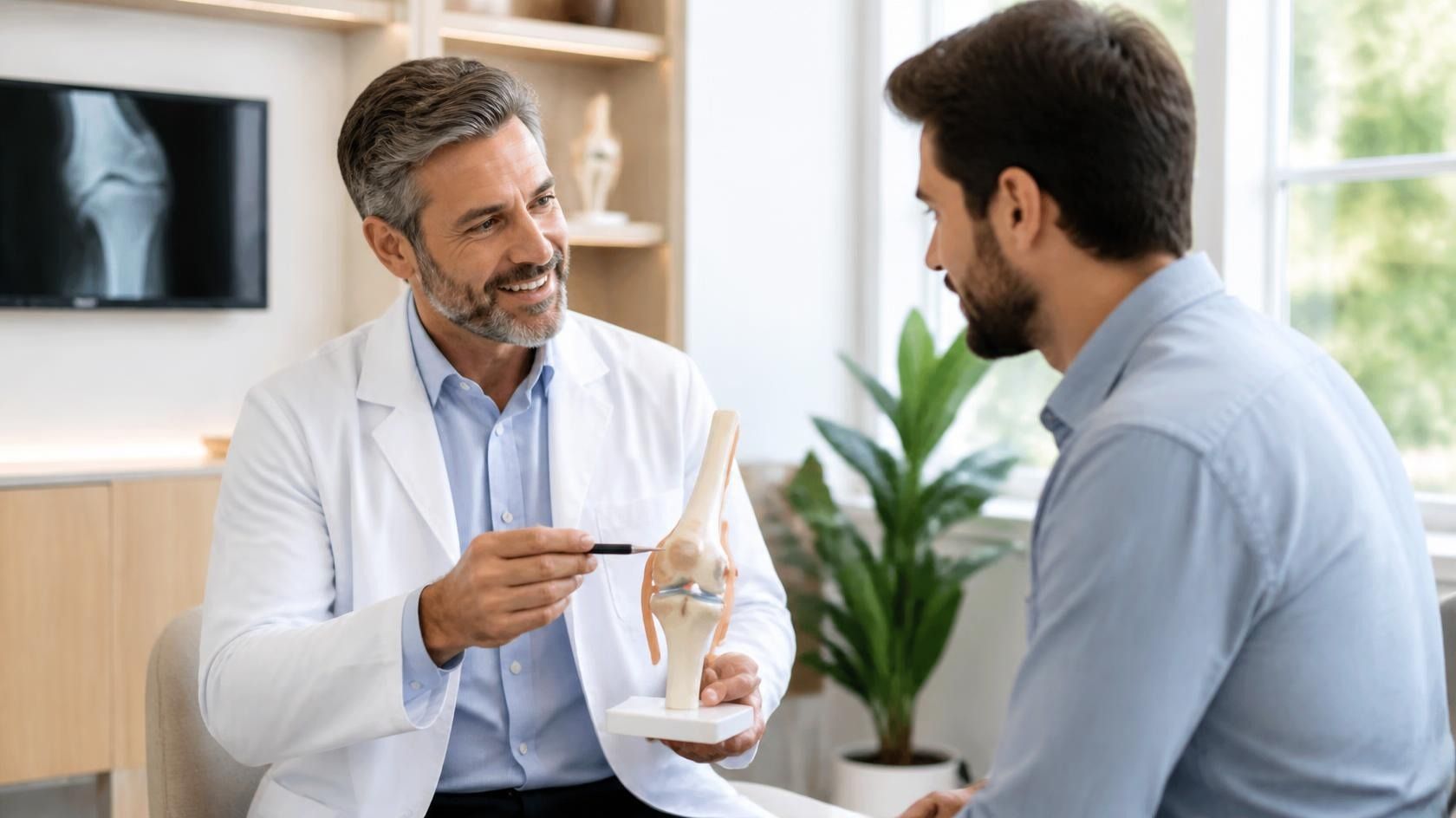 Orthopedic surgeon reviewing a knee joint model with a patient during a consultation