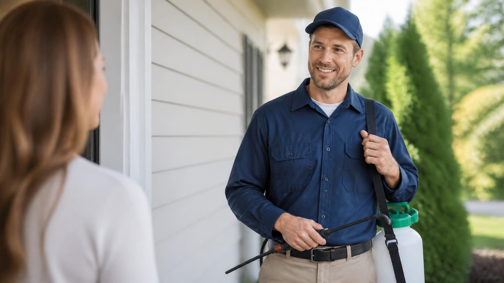 Pest control technician explaining a treatment plan to a homeowner at the front door