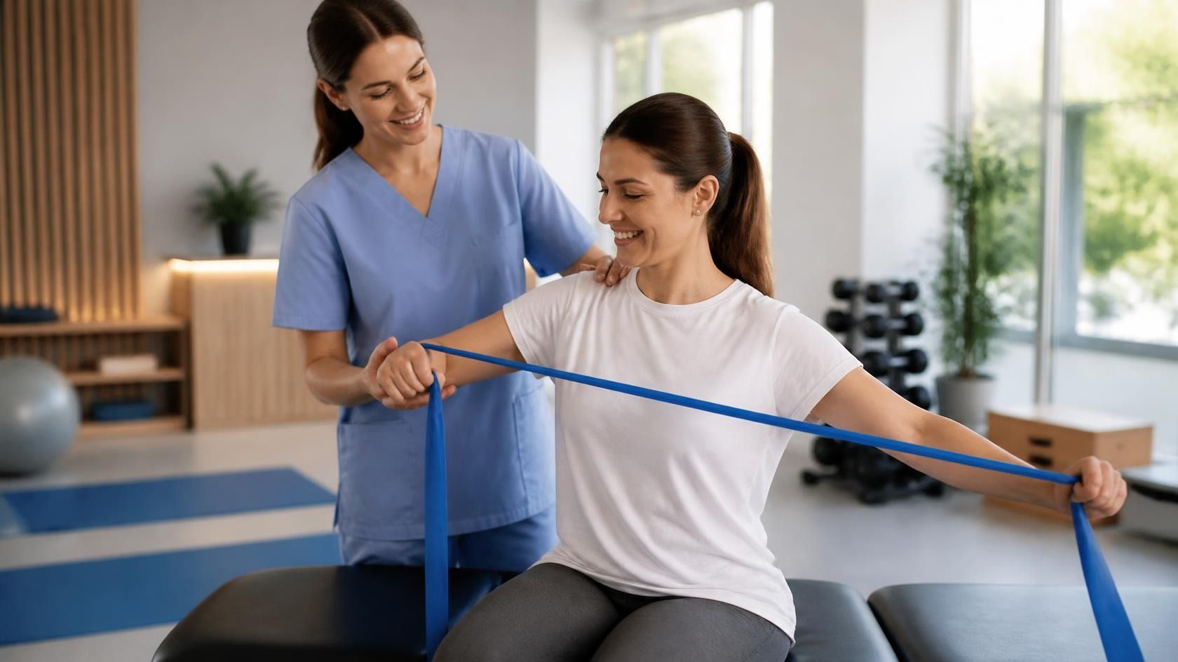 Physical therapist guiding a patient through a rehabilitation exercise in a bright clinic