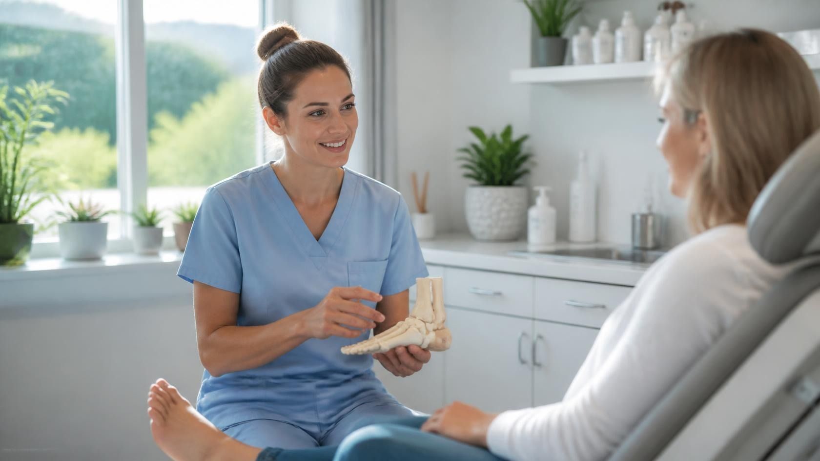 Podiatrist in a bright exam room holding a foot and ankle bone model while consulting with a patient