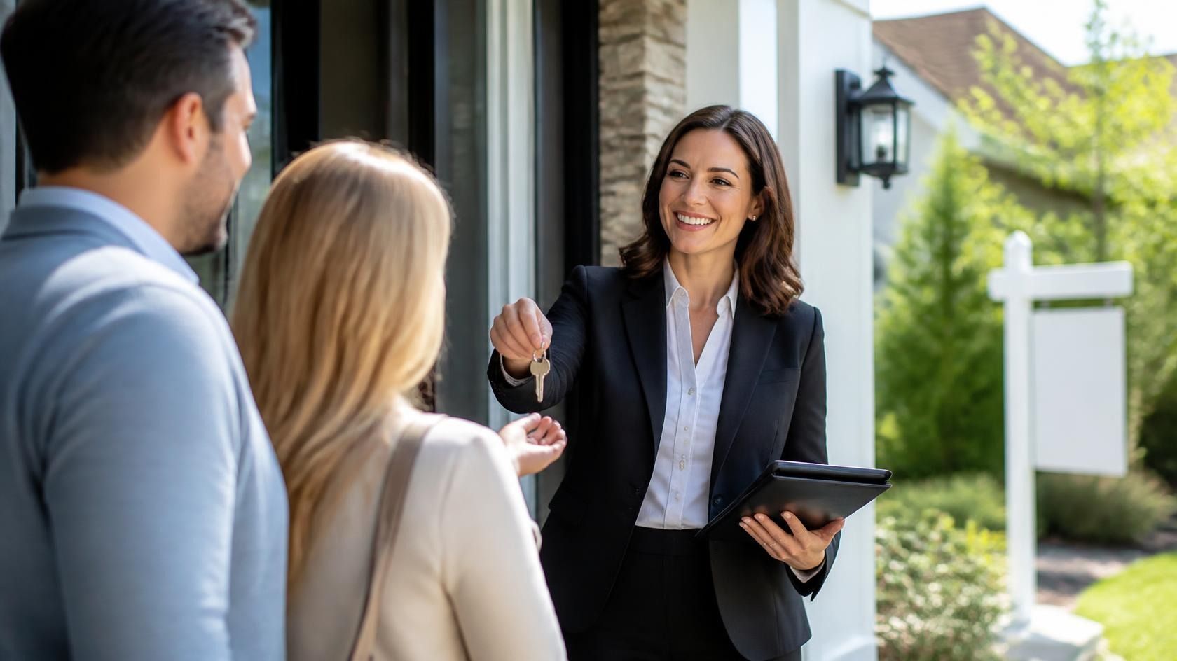 Real estate agent reviewing a listing plan with clients at a kitchen table