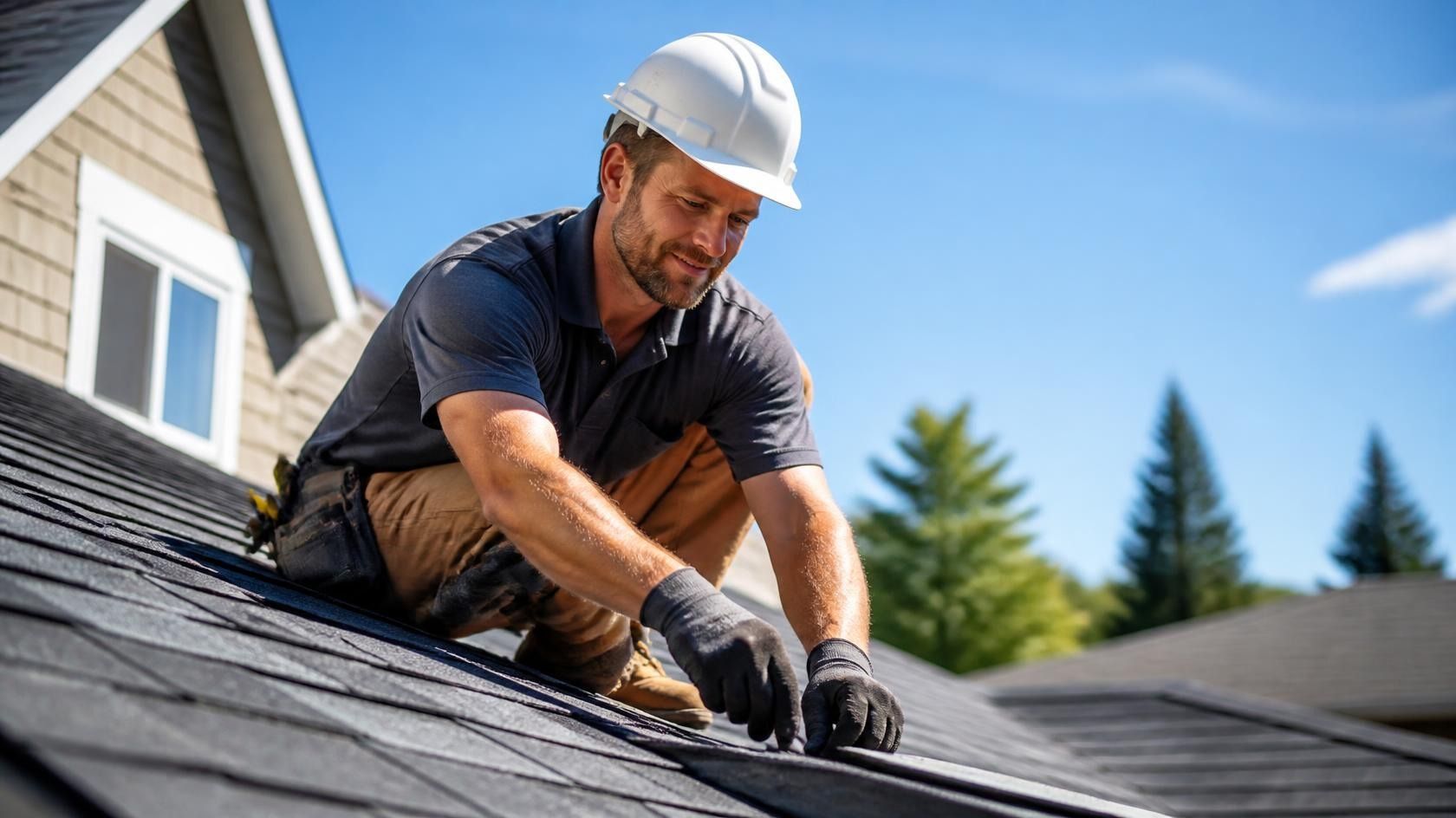 Roofing contractor inspecting a residential roof and reviewing the job with a homeowner