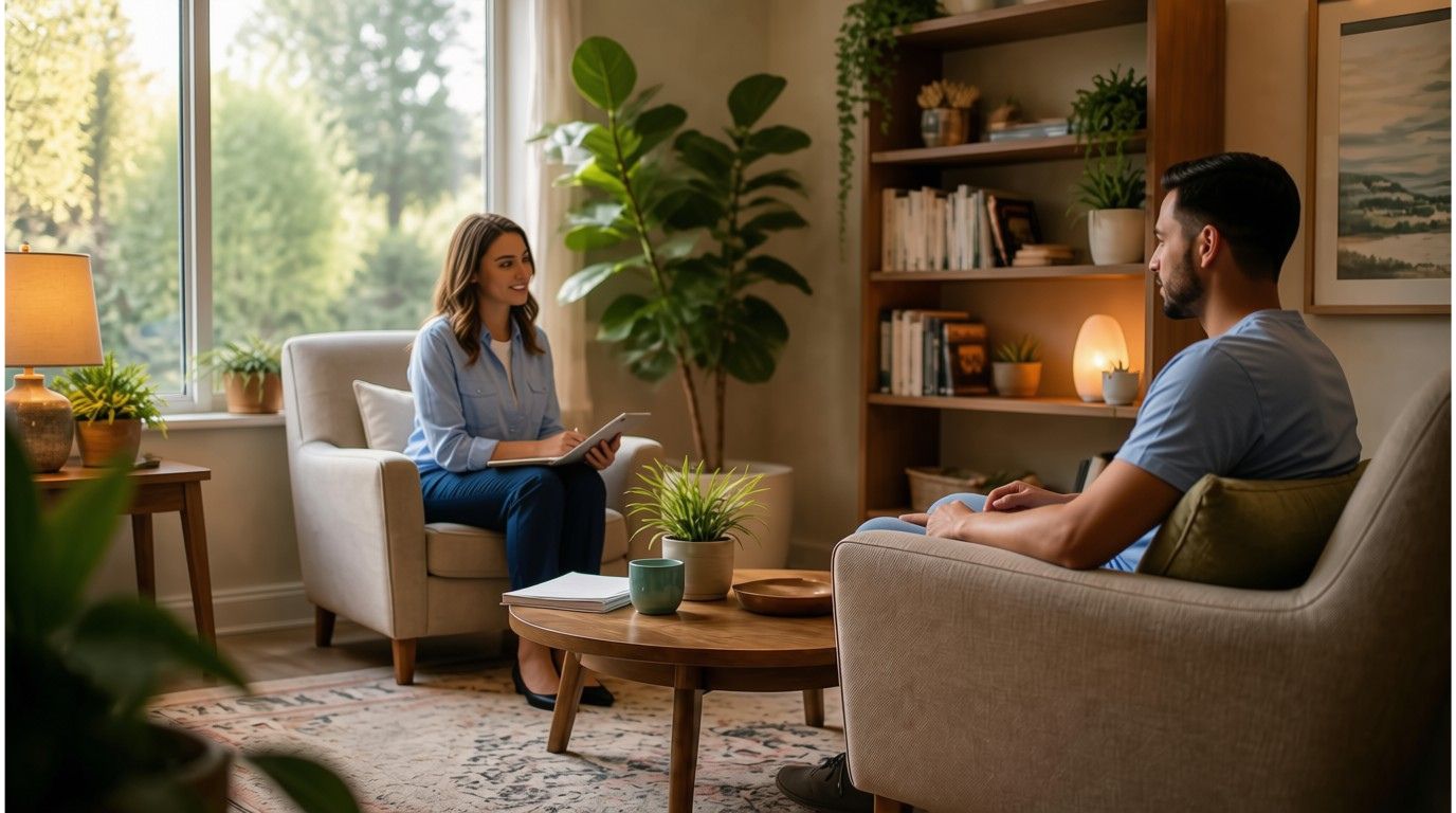 Therapist listening warmly to a client during a counseling session in a calm office