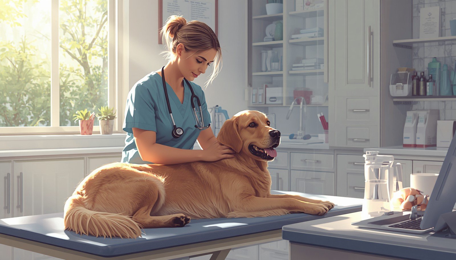 Veterinarian examining a golden retriever during a wellness visit